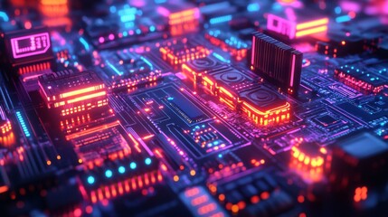 Fototapeta premium A Neon cityscape futuristic city night glowing vibrant architecture building skyscraper urban pink red blue light reflection technology digital art