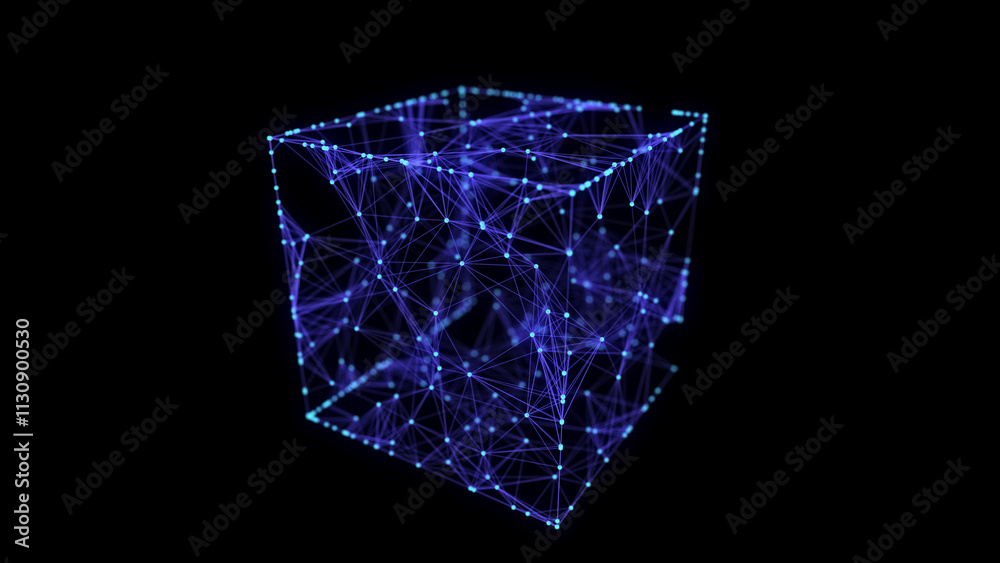 Poster abstract blue cube on black background. wireframe square structure with glowing particles and lines.