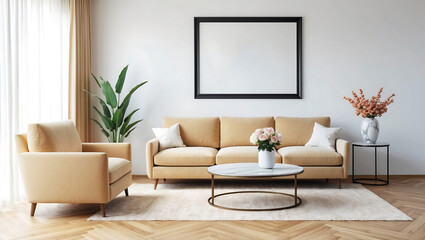 Stylish and modern living room with brown sofa and photo frame. Modern Earth-Tone Interior.