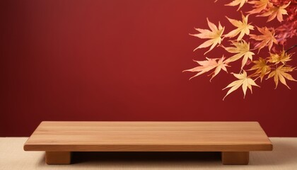 Wooden Platform with Red Background and Orange Maple Leaves for Product Display Montage, Product Photography, Japan style