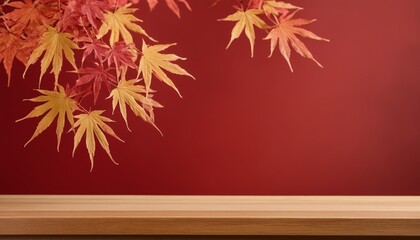 Wooden Platform with Red Background and Orange Maple Leaves for Product Display Montage, Product Photography, Japan style