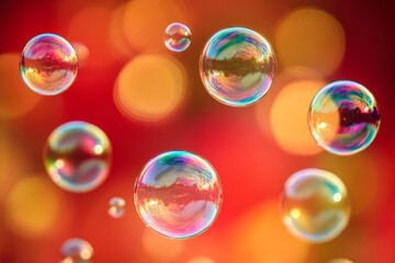 Naklejka premium Vibrant and transparent bubbles reflecting the colors of the rainbow, floating on a deep red and orange abstract background.