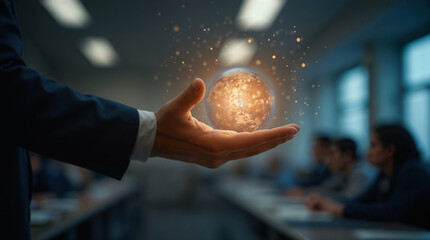 Hombre sosteniendo esfera luminosa en contexto empresarial