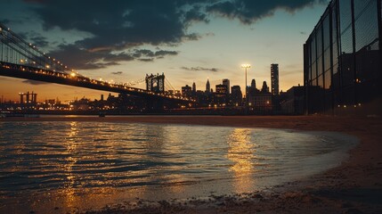 Obraz premium Sunset Over the City Skyline with Bridge and Water Reflection by Shore