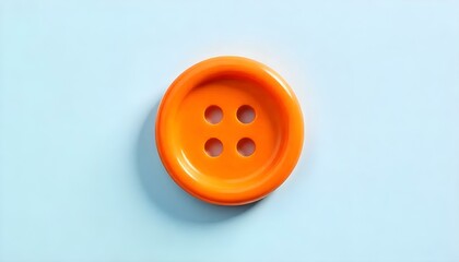 An overhead aerial view capturing a shiny orange button with four holes, perfectly centered on a stark white background, with a hint of shadow to give it a 3D effect.