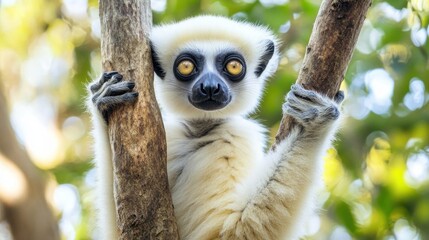 A Curious Sifaka Lemur Gripping a Tree Branch