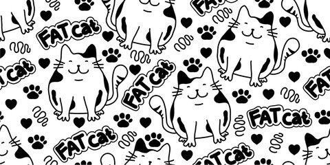 Fototapeta premium Seamless pattern with funny doodle cats with heart in paws. for print or sticker design. Adorable kawaii animals on white background.