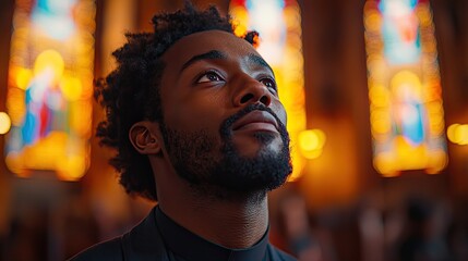 Obraz premium A man prays in a church, his hands raised in worship, seeking trust, peace, and gratitude, surrendering to a higher power for support and guidance