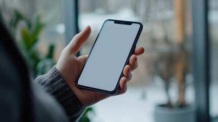 Hand Holding Smartphone Displaying Empty Screen in Winter Setting