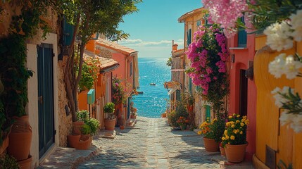 Obraz premium Sunny Mediterranean village by the sea, with cobblestone streets, colorful houses, and a dreamy, relaxing summer escape vibe.