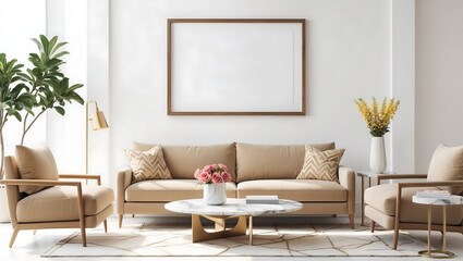 Mock up poster in vintage living room photo. View of white trendy interior design.