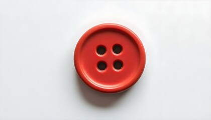 A close-up of a red sewing button with four holes, detailed texture visible, reflecting light slightly, on a crisp, plain white background with soft shadows