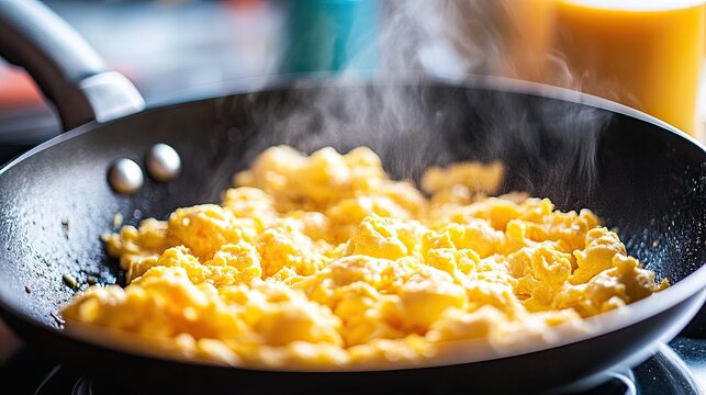 A cooking moment where eggs are being scrambled in a pan, capturing the essence of preparing a comforting American breakfast