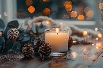christmas composition close-up aromatic candle in glass jar burning on a wooden table, with pinecones and eucalyptus leaves on bokeh background