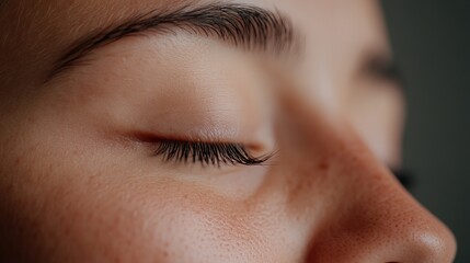 Obraz premium Close-up of a young woman's eye with long lashes, showcasing natural beauty and detailed skin texture.