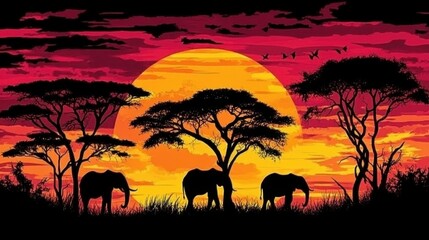 Naklejka premium Sunset over a savanna landscape with silhouettes of acacia trees and grazing animals 