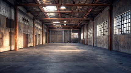 A dramatic perspective of an empty warehouse featuring exposed beams and an echoing silence, ideal for illustrating concepts of space and potential 