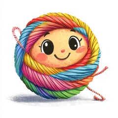 Fototapeta premium A cartoon yarn ball knitting itself into a cheerful scarf
