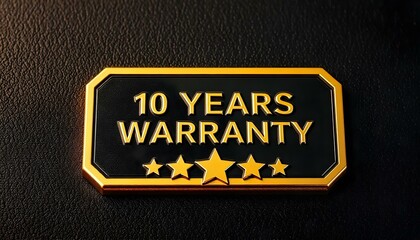 A rectangular black badge with golden edges, prominently featuring the text '10 YEARS WARRANTY' in embossed lettering, with five gold stars aligned beneath it, all set on a textured black surface.