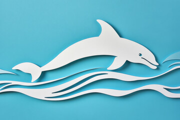 Obraz premium Paper cut, dolphin on turquoise blue background, flowing shapes and smooth transitions, marine elegance.
