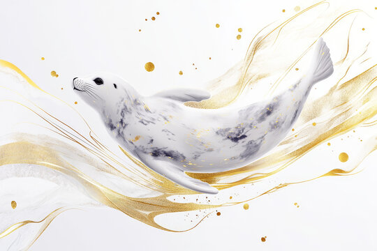 Abstract seal illustration, arctic white background, artistic design featuring seals and golden accents.