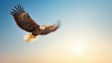 Fototapeta premium Majestic Bald Eagle Soaring Against a Beautiful Sunrise Sky