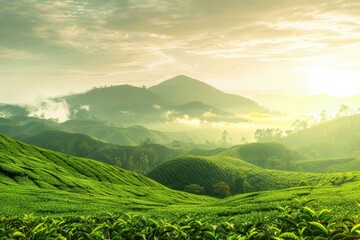 Obraz premium Green tea mountain at sunset with tea plantation in background