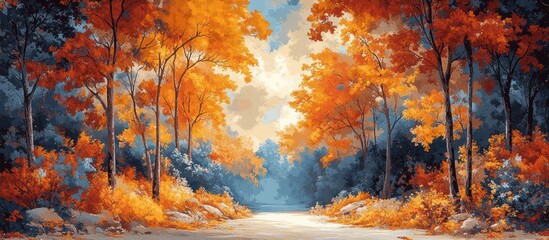 Autumnal forest path with vibrant orange and red leaves, leading towards a sunlit clearing.