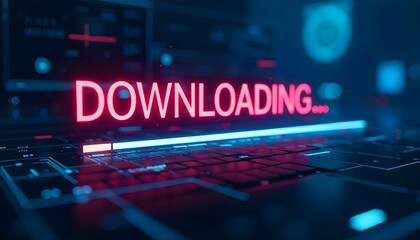 A futuristic digital download progress bar featuring the text 'DOWNLOADING...' in a vibrant neon red font
