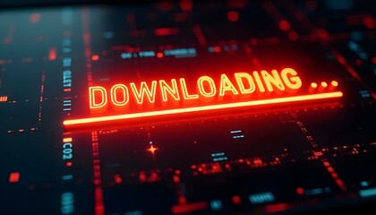 A futuristic digital download progress bar featuring the text 'DOWNLOADING...' in a vibrant neon red font