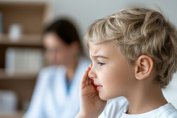 Fototapeta premium A young boy is seen expressing discomfort while holding his mouth, indicating pain during a medical consultation with a healthcare professional.