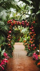 Obraz premium Vibrant Tropical Wedding Aisle with Floral Arch