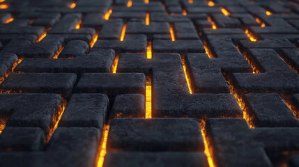 Obraz premium A textured surface of dark stones with glowing orange lines, creating a visually striking pattern reminiscent of a maze or pathway.