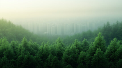 Fototapeta premium serene landscape featuring lush green trees in foreground with misty city skyline in background, creating tranquil atmosphere.