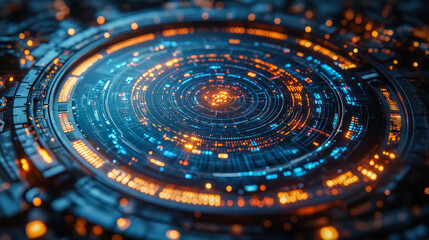 Futuristic radar chart displaying investment portfolio metrics with a glowing digital interface. Ideal for showcasing financial analysis, technology, and data visualization.