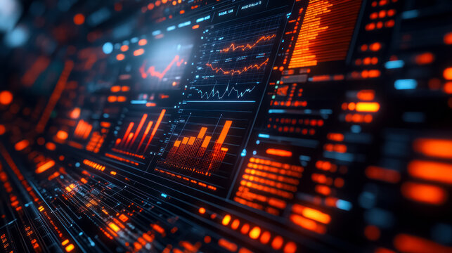 Futuristic radar chart displaying investment portfolio metrics with a glowing digital interface. Ideal for showcasing financial analysis, technology, and data visualization.
