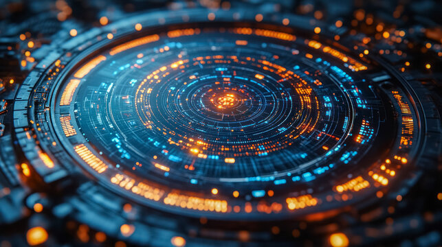 Futuristic radar chart displaying investment portfolio metrics with a glowing digital interface. Ideal for showcasing financial analysis, technology, and data visualization.