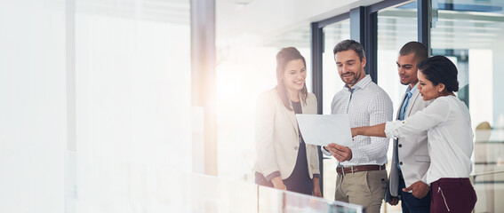 Banner, business people and paperwork for discussion, collaboration and advice as feedback in...