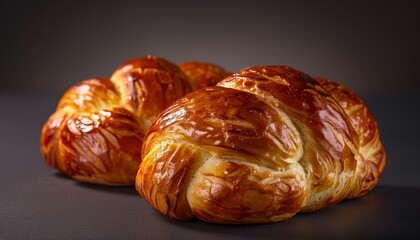 Two golden brown croissants with a flaky, buttery crust on a gray background.