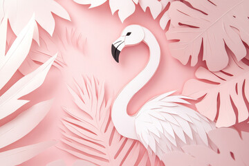 Fototapeta premium Paper cut, flamingo on blush pink background, smooth contours and layered feathers, tropical vibe.