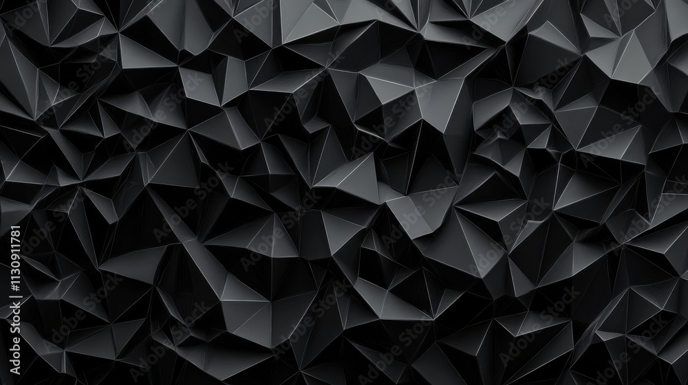 Poster abstract black geometric pattern with intricate facets creating depth and texture.