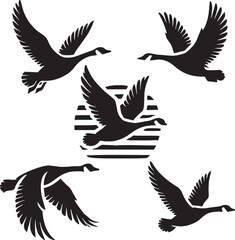 Obraz premium black and white wild goose flying illustration set, silhouette set of canada goose 