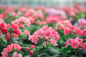 Growing geranium flowers in a greenhouse in Klazienaveen Netherlands