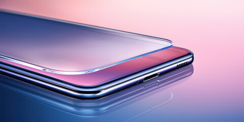 Closeup of modern smartphone with screen protector glass, waterproof durable screen cover on color background with copy space, banner template