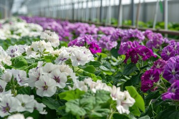 Obraz premium Growing white and purple geraniums in a Dutch greenhouse