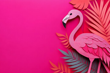 Fototapeta premium Paper cut, flamingo on neon pink background, radiant feathers and elegant lines, tropical bird concept.