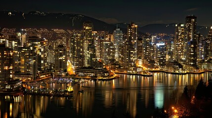 Obraz premium A bustling cityscape at night with skyscrapers and lights.