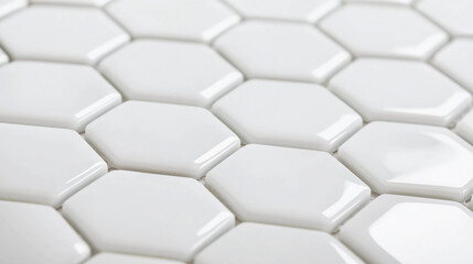 A close-up of white hexagonal tiles arranged in a geometric pattern, showcasing a clean and modern surface ideal for various interior designs.