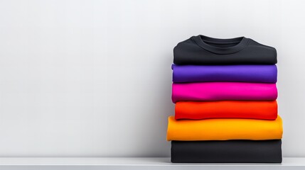 A neatly stacked pile of colorful t-shirts in vibrant hues, showcasing a modern aesthetic.