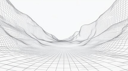 Abstract monochromatic landscape featuring a 3D wireframe design with undulating hills and valleys.